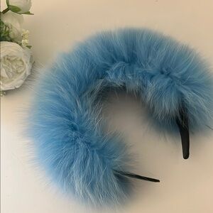 Headband Fox Fur with leather Turquoise Hair Accessory with Voluminous Texture